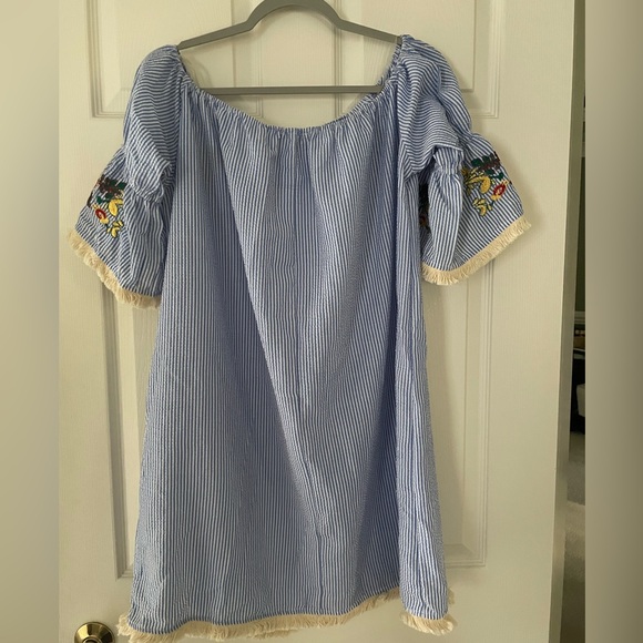 NWT Rebellion Embroidered Blue & White Striped Seersucker Shift Dress Sz XL - Picture 4 of 10